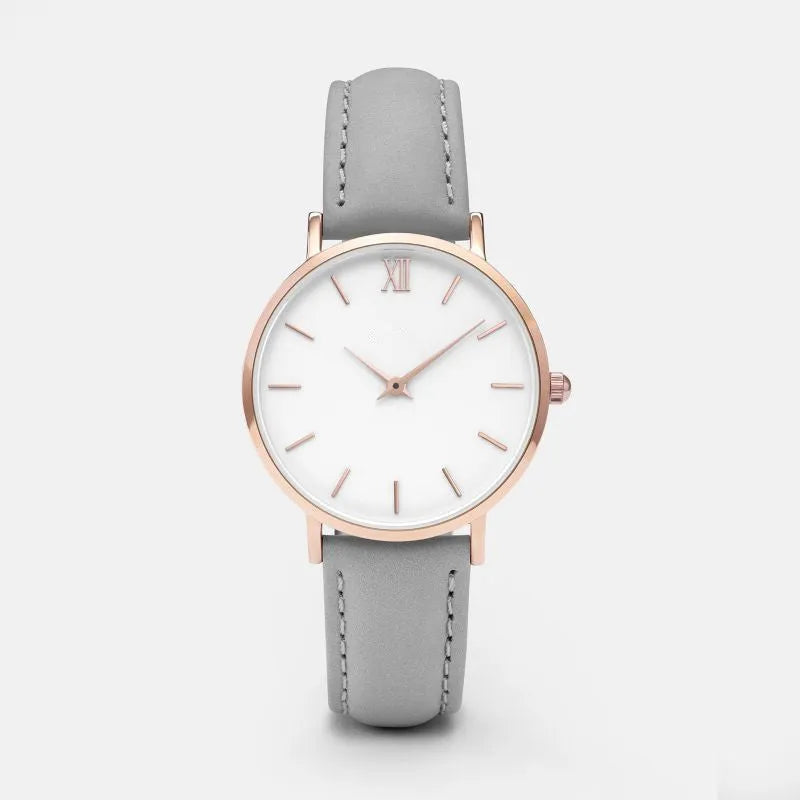 Square quartz watch with PU leather strap and alloy case in a selection of colours on a white background.