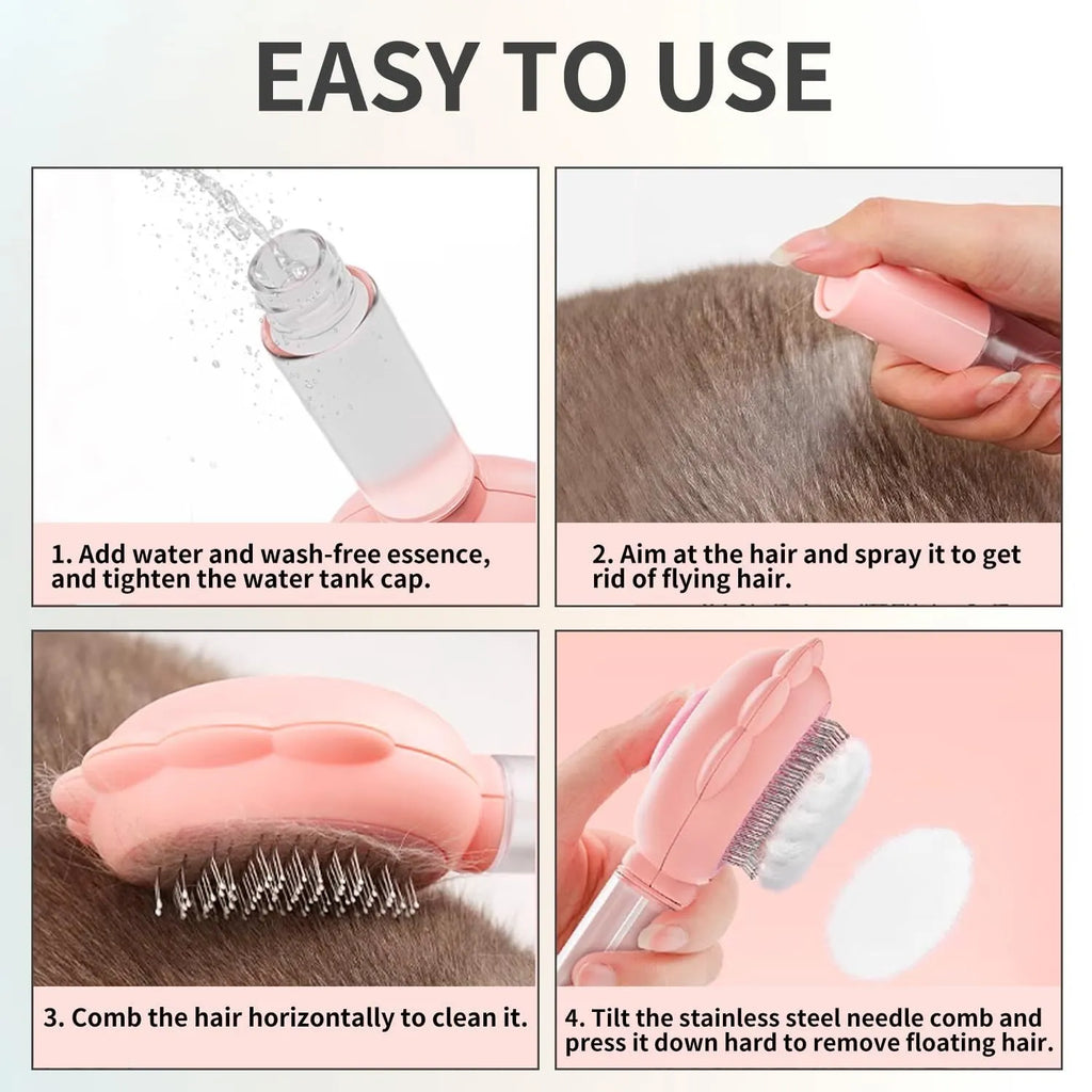 Grey spray cat brush with release button for grooming pets and removing loose hair.