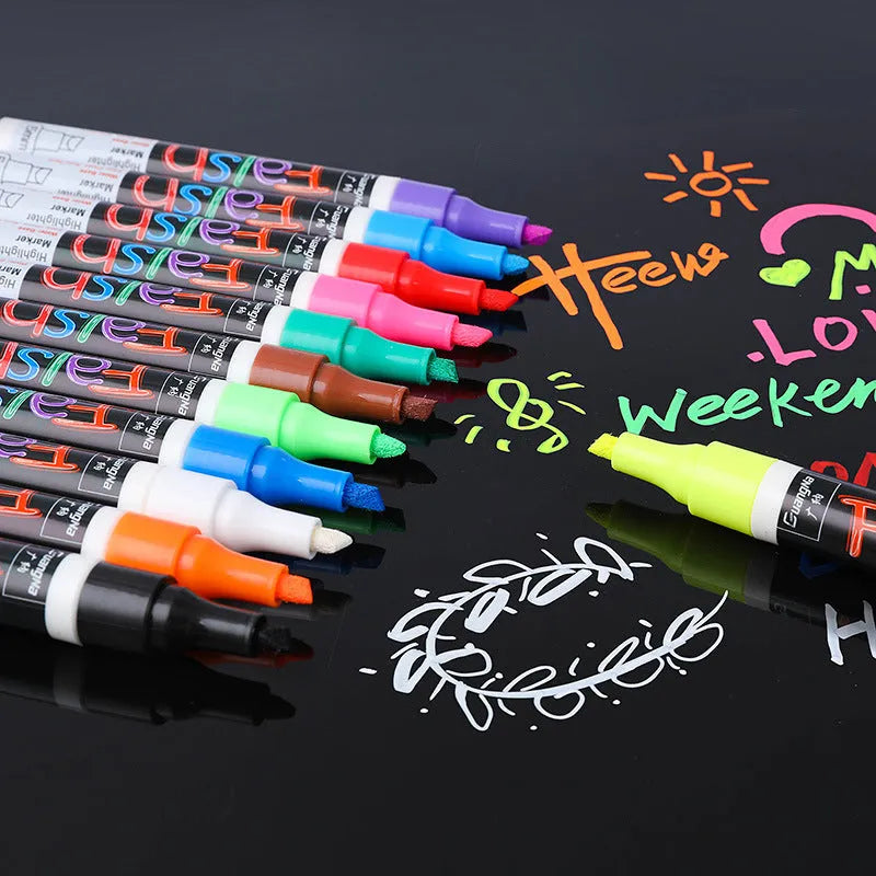 Oblique plastic electronic fluorescent board highlighter pen with a 6mm tip, shown with 8 colour refill options.