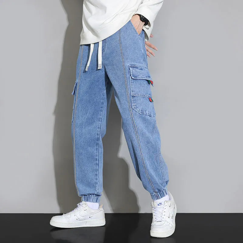 Men's retro cotton workwear jeans loose fit zip fly trousers available in gray black blue retro colour
