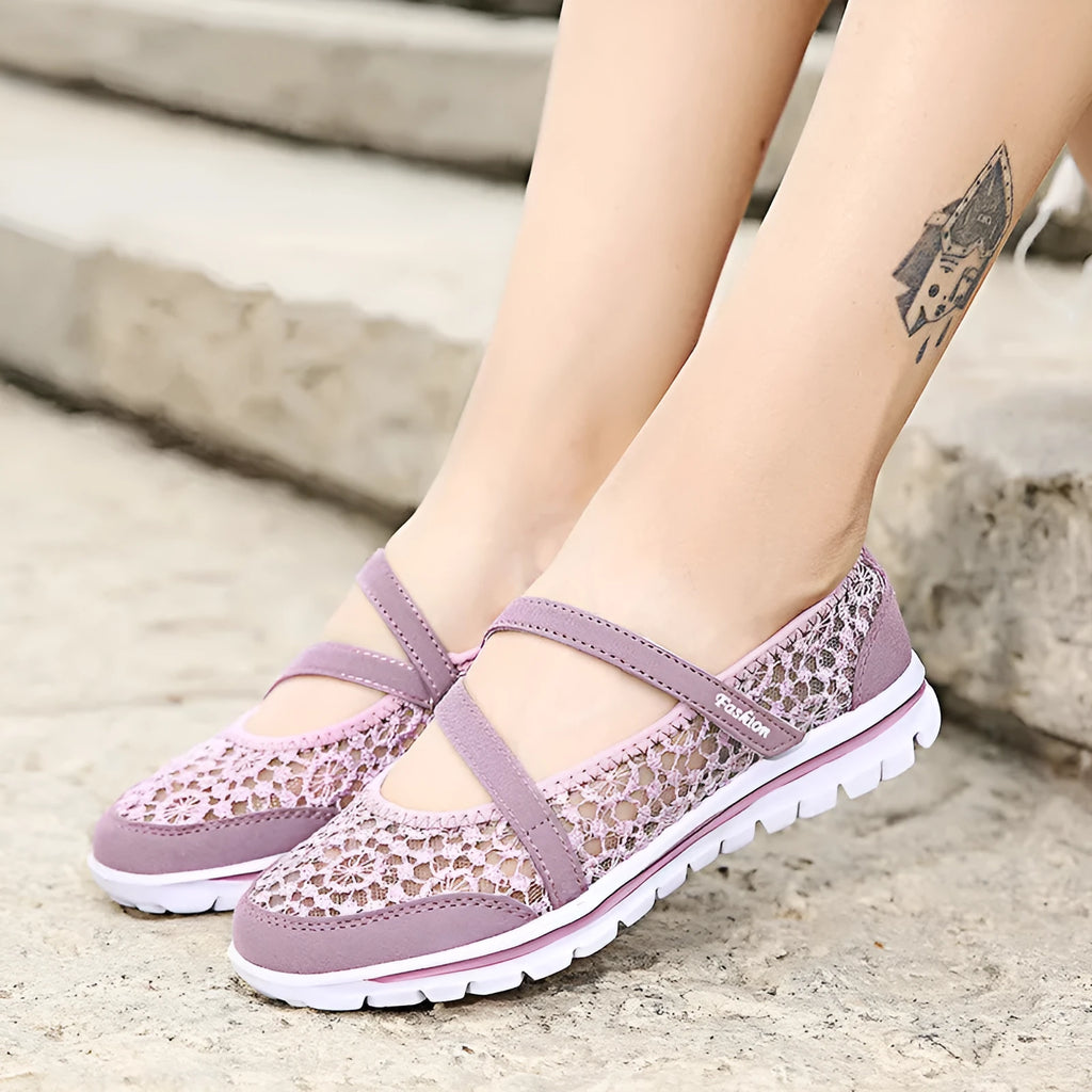 Women's beige mesh lace-up casual flat shoes with round toe and sewing line detail