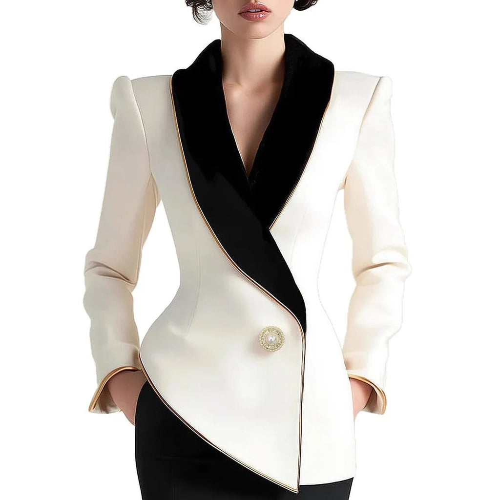 Women's milky white long sleeve coat with golden pearl buttons in irregular design