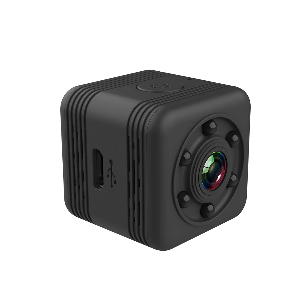 Black SQ29 waterproof sports camera shown with MicroUSB port and support for 32GB TF cards.