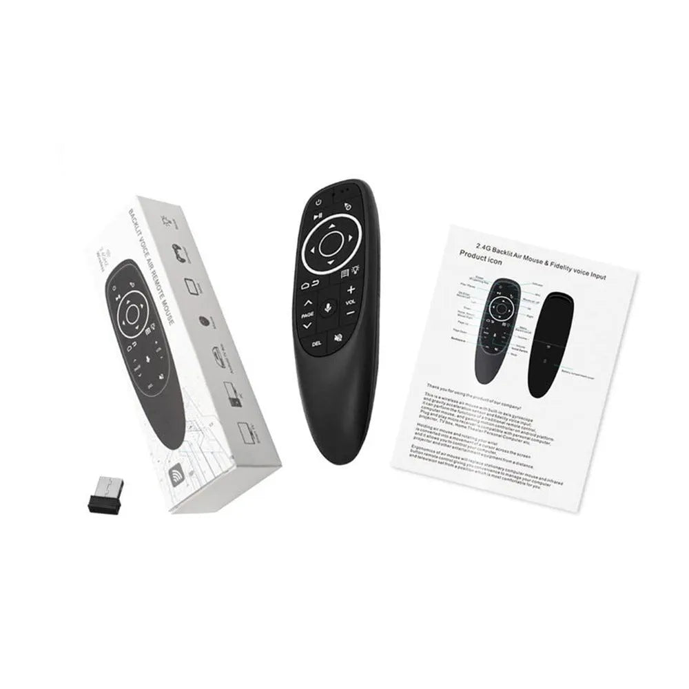 G10S intelligent voice remote control with plastic shell and silicone buttons, shown next to its packaging box.