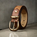 Men's casual leather belt in first layer cattlehide with copper pin buckle, shown in black.
