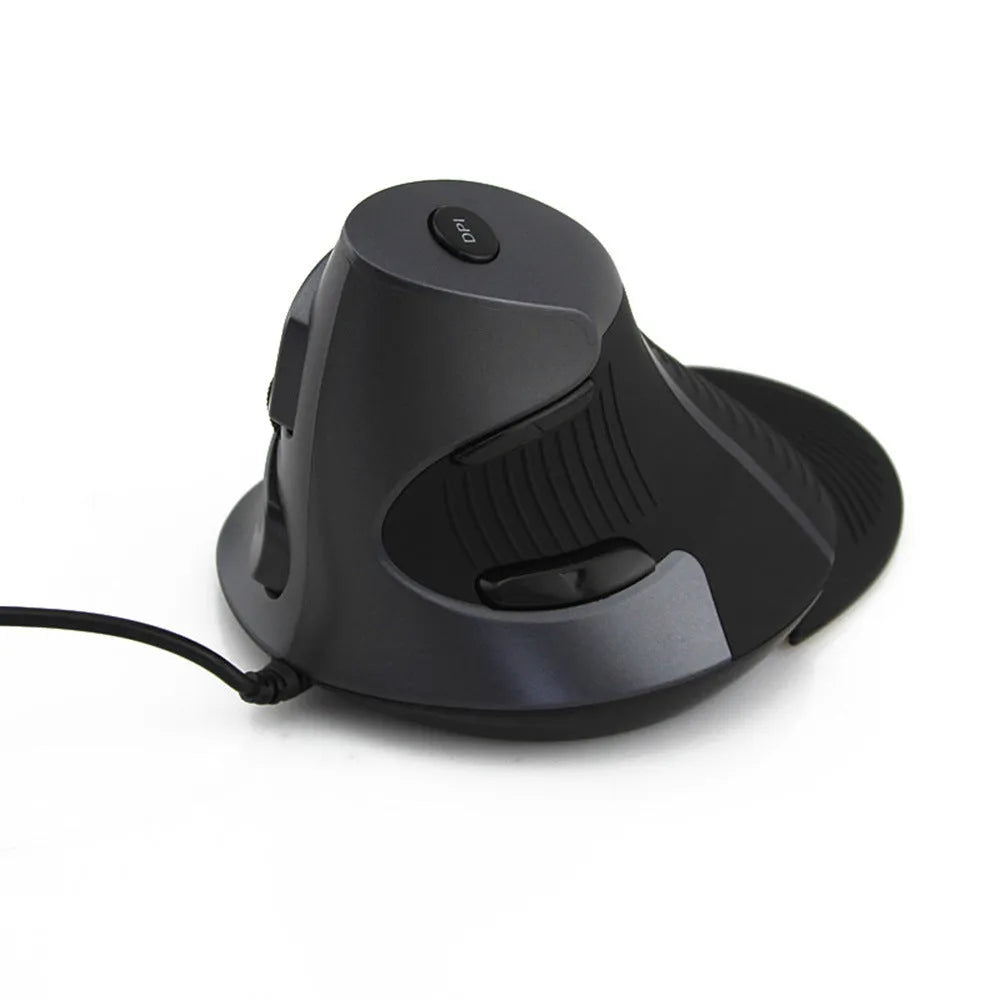 Vertical ergonomic wired optical mouse in black showing natural handshake positioning