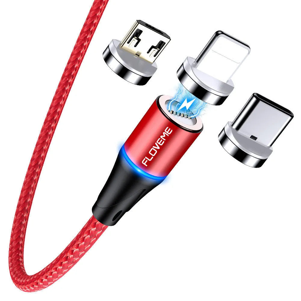 Black magnetic USB fast-charging cable with LED light, compatible with Apple iPhone and Android phones