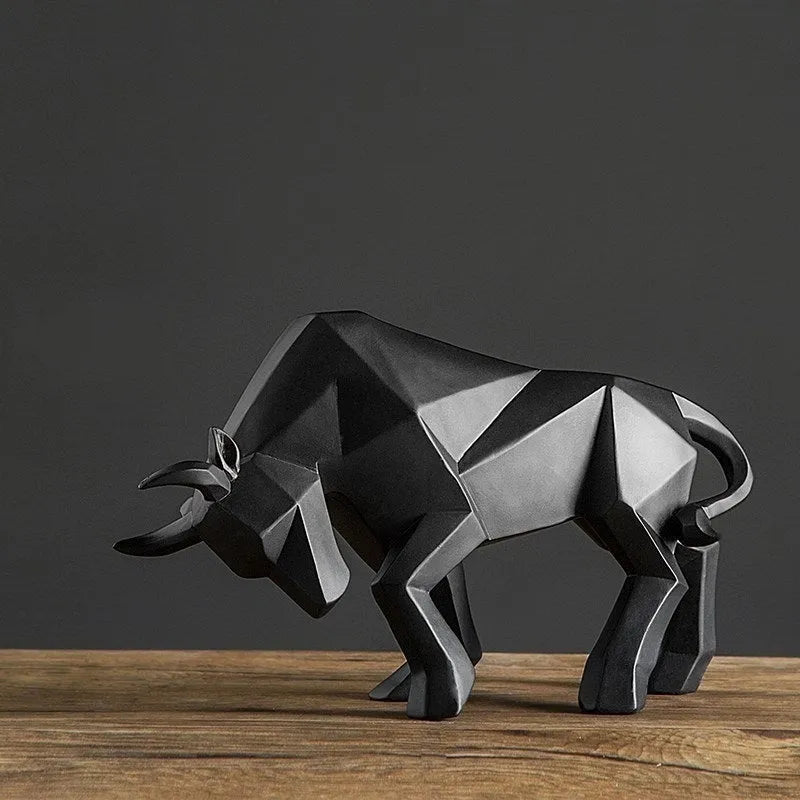 Black geometric resin bull sculpture, abstract bison statue about 35cm long for office or home decor