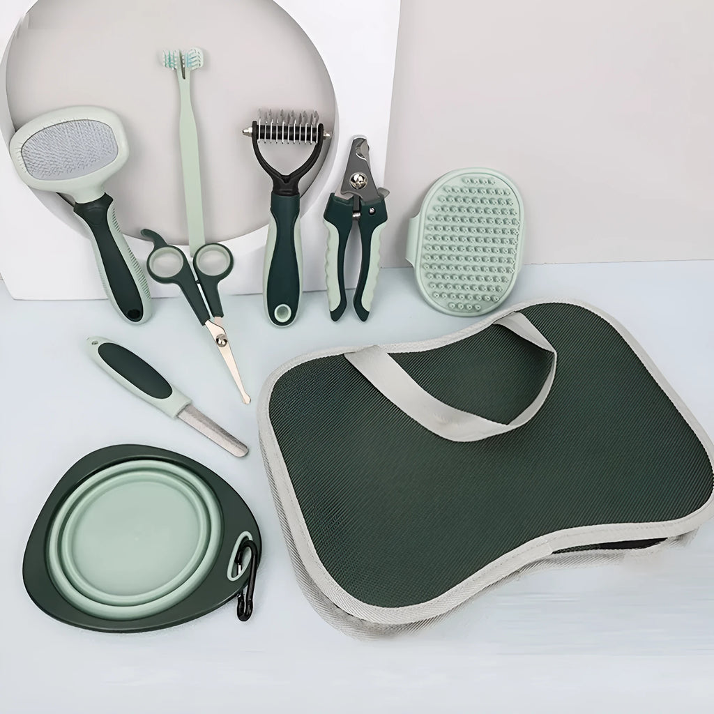 8-in-1 dog grooming kit with cordless low noise clippers, slicker brush, nail clipper and carry case