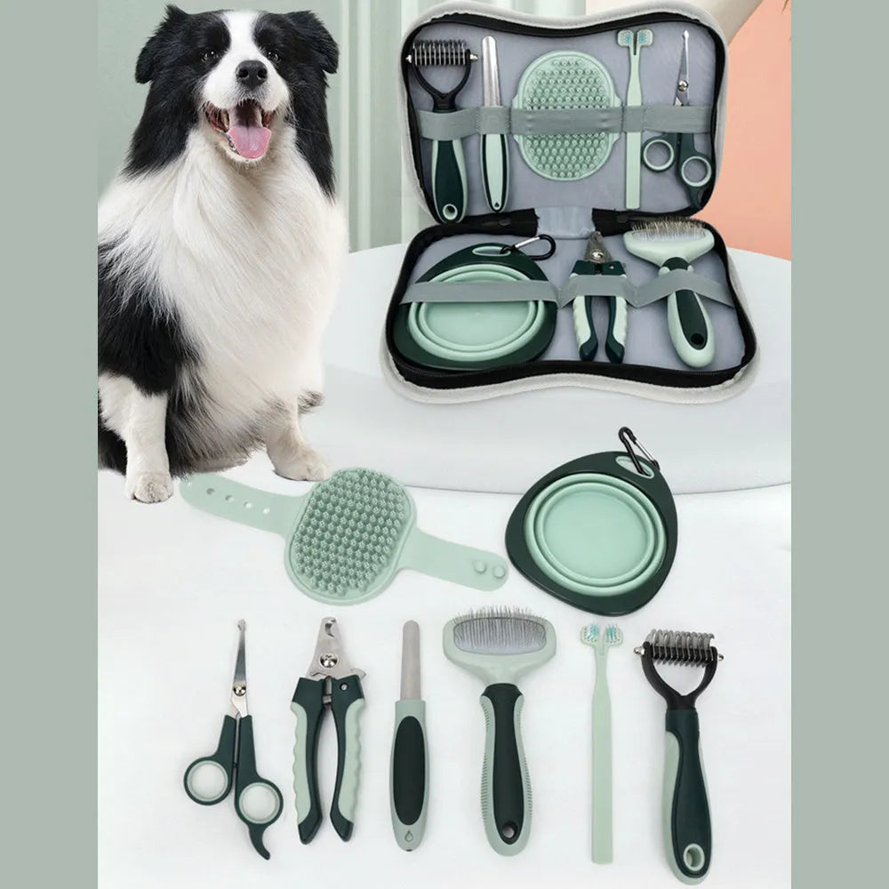 8-in-1 dog grooming kit with cordless low noise clippers, slicker brush, nail clipper and carry case