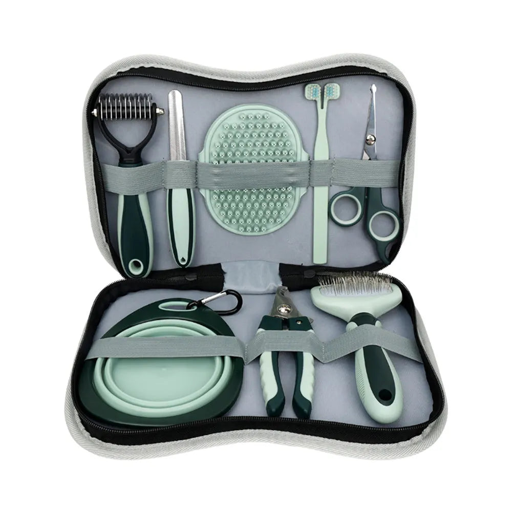 8-in-1 dog grooming kit with cordless low noise clippers, slicker brush, nail clipper and carry case
