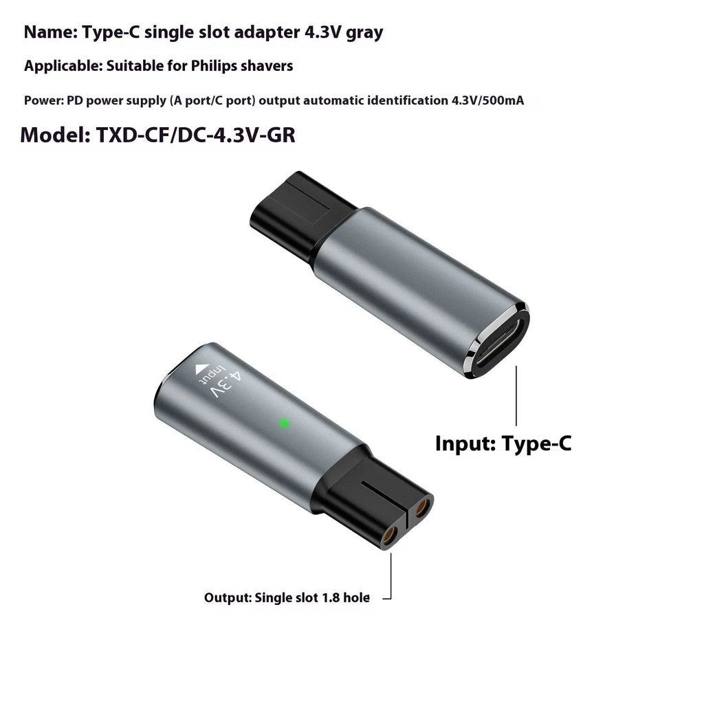 USB-C charging adapter for electric shaver with aluminium alloy case in black or grey colour