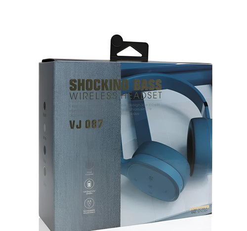Wireless Bluetooth headset in Black, Blue, Grey, or White colour options showing over-ear design.