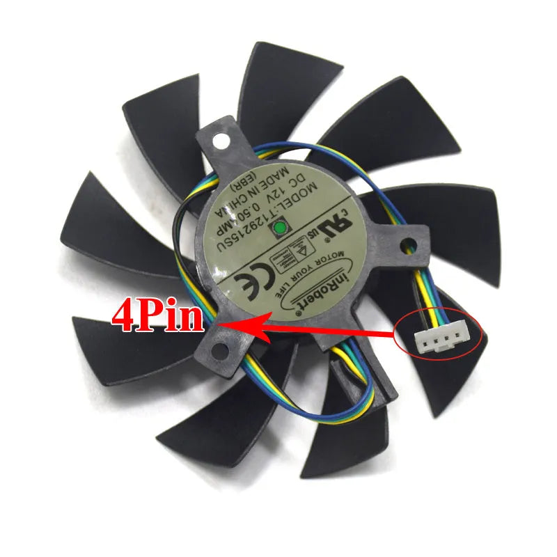 Black 85mm graphics card cooling fan with 4-pin connector and 40mm mounting holes, model T129215SU by inRobert