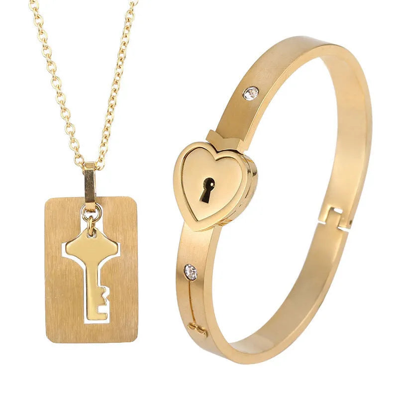 Titanium steel couple love lock bracelet key set necklace in electroplated finish