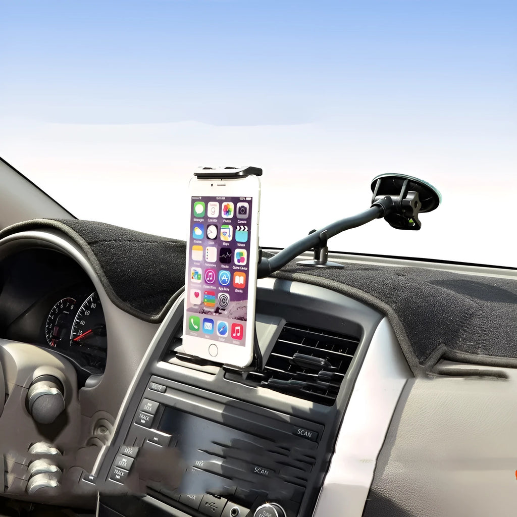 Black vehicle-mounted lifting bracket with long suction cup for 4-12 inch tablets and phones.