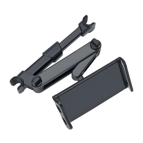 Black plastic car phone holder attached to a vehicle rear seat base holding a tablet
