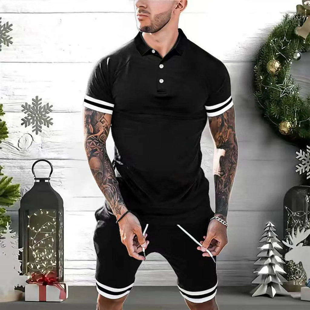 Men's two-piece short set with short-sleeve polo shirt and matching shorts in six colours and sizes M to 3XL