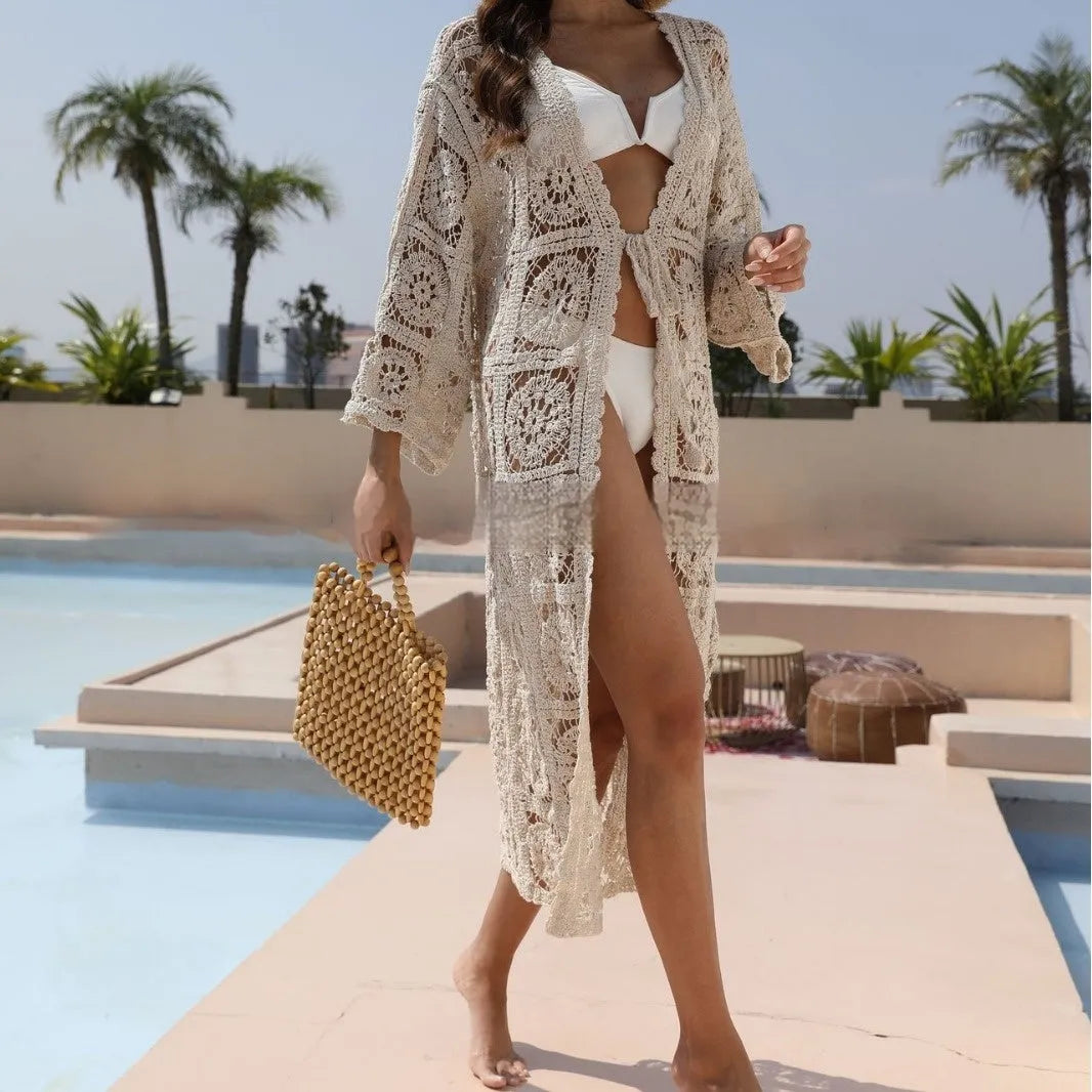 Apricot coloured long sleeved cotton beach shirt with embroidery, worn as a bikini cover-up.