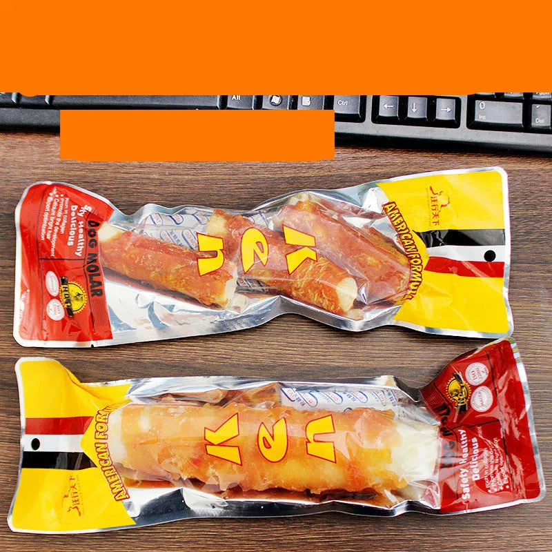Chicken-wrapped cowhide dog chew rolls, small 3-piece 180g or large 200g