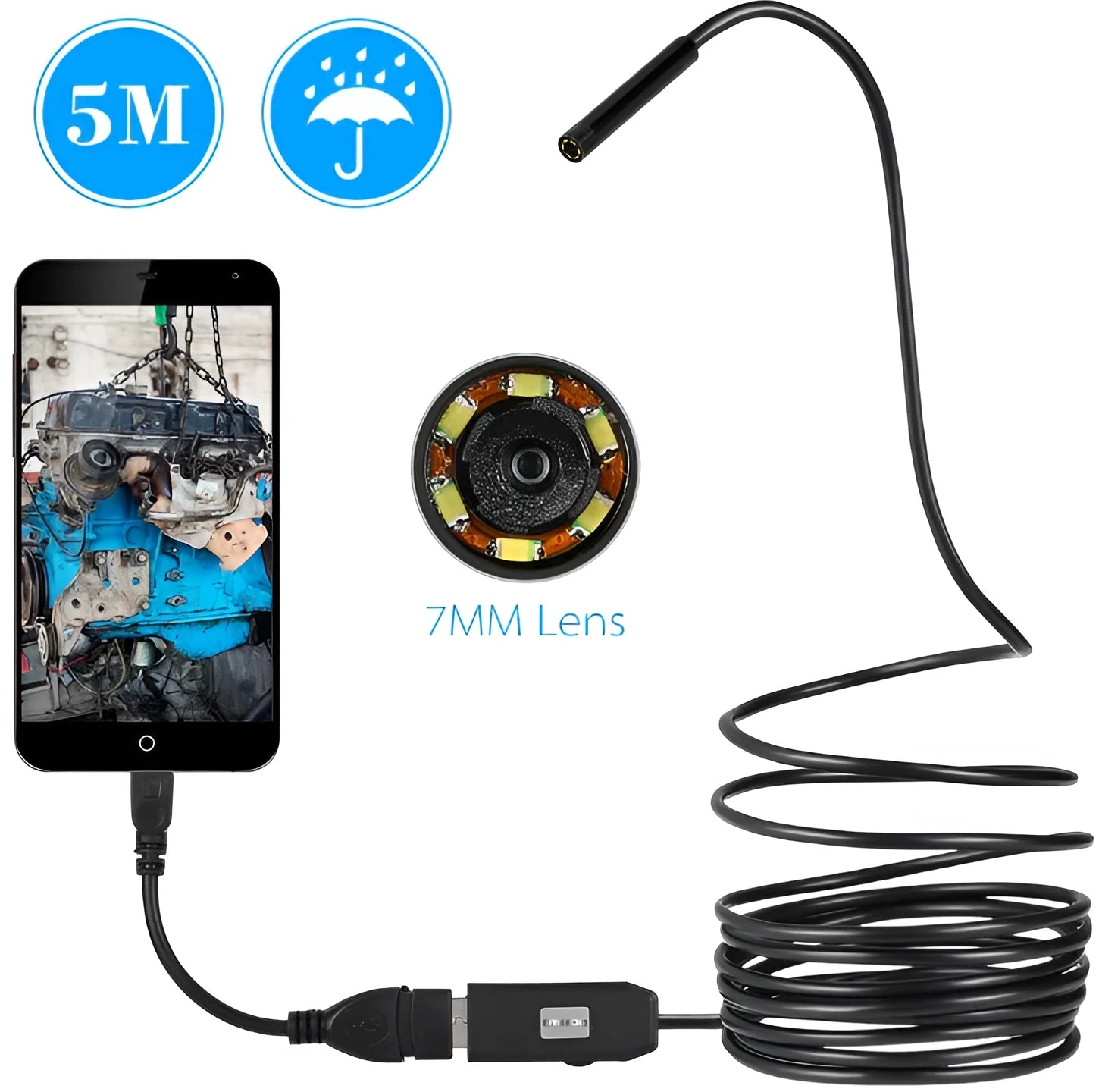 OWSOO USB endoscope camera with 5m cable, magnetic tip, hook tool, and side mirror for inspections.