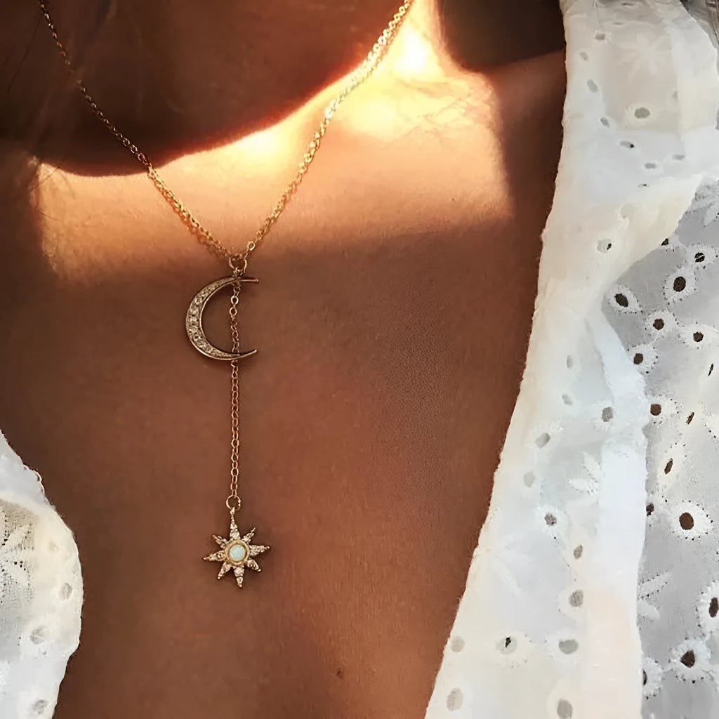 Gold alloy women's moon sun necklace with snake bone chain