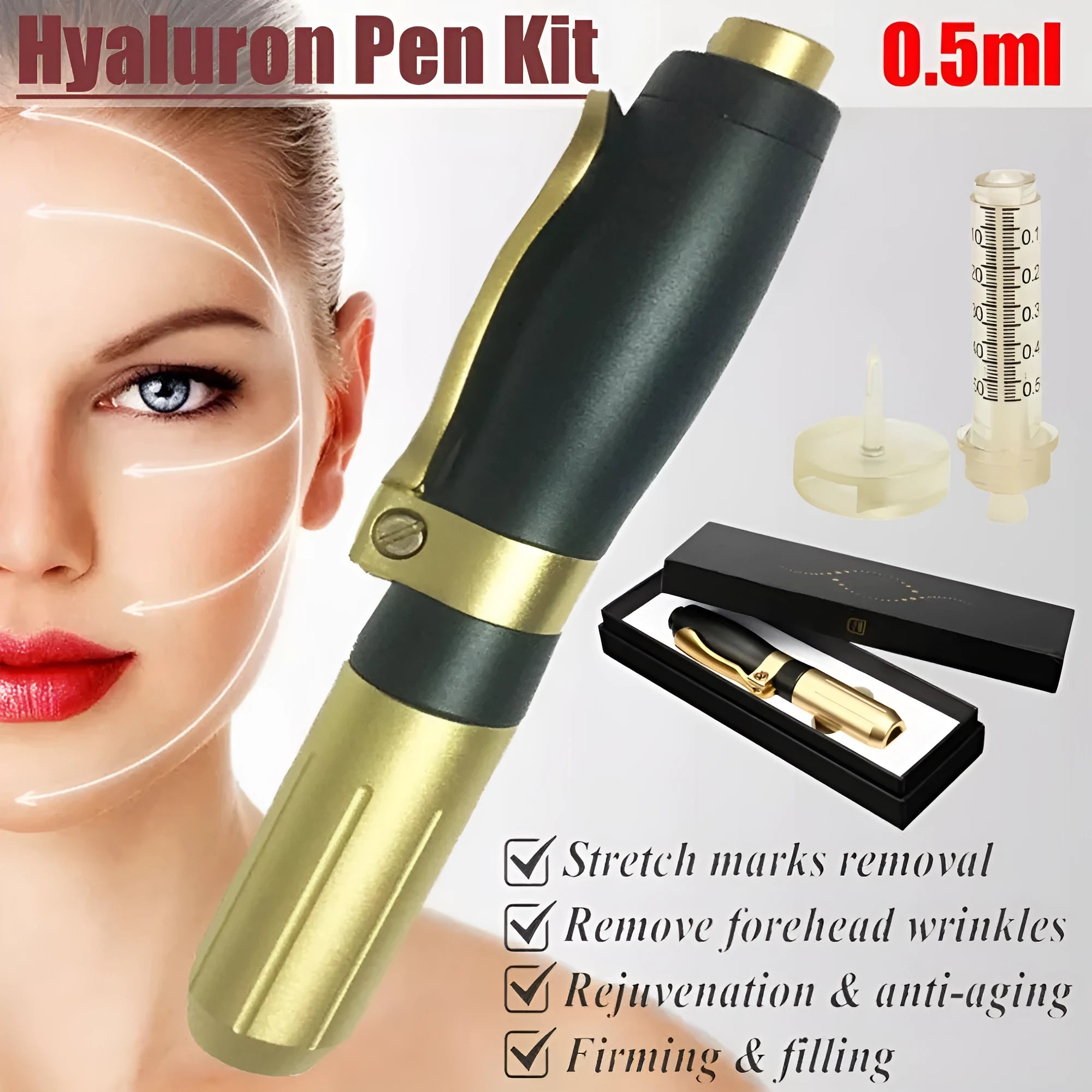 Black needle-free hyaluronic acid pen 16.5cm x 3cm with 0.01ml resolution for mesotherapy skin hydration