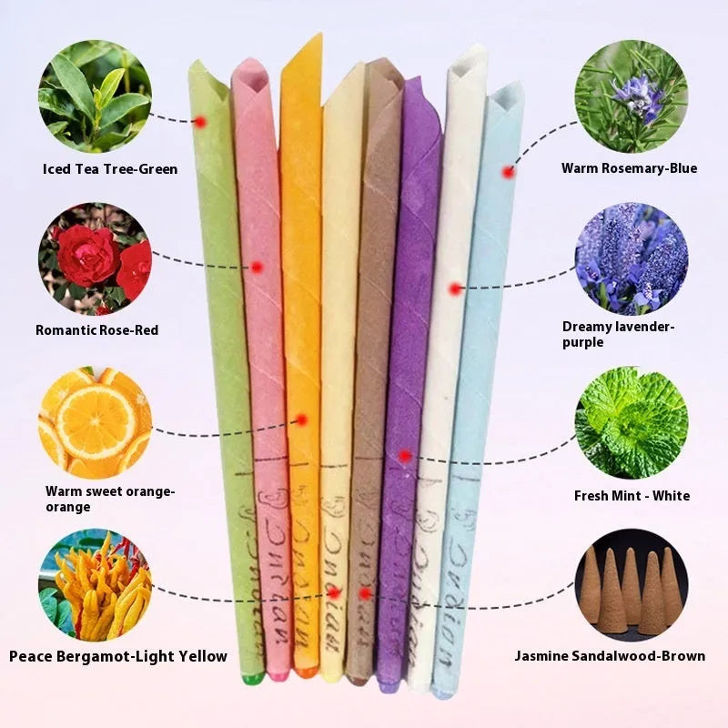 MQ horn colour ear candle set showing 16 candles, 8 protection boards and 16 cotton swabs in box