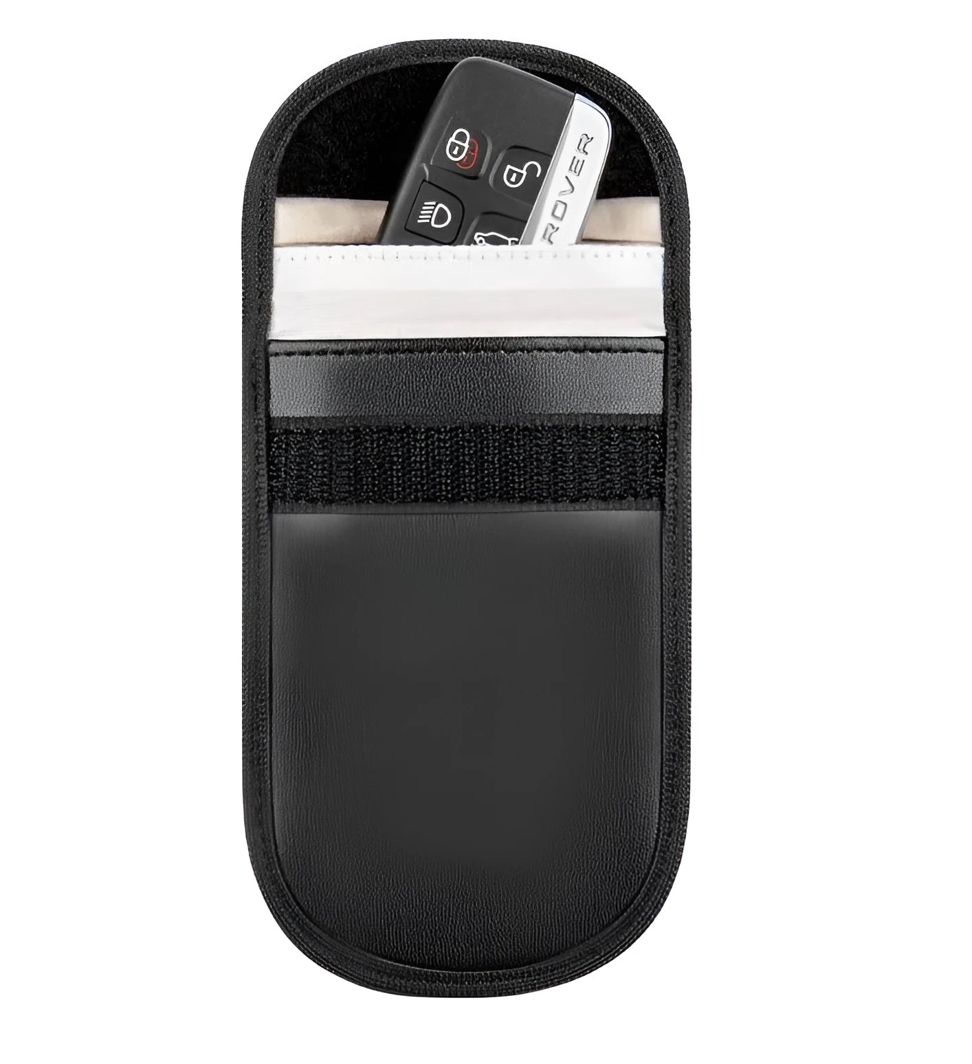 Black microfiber Faraday pouch for blocking car key, phone, and bank card signals.