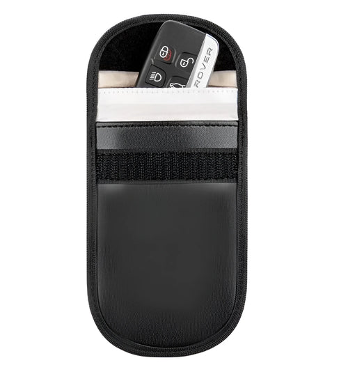 Black microfibre Faraday cage pouch for blocking car key and RFID card signals.