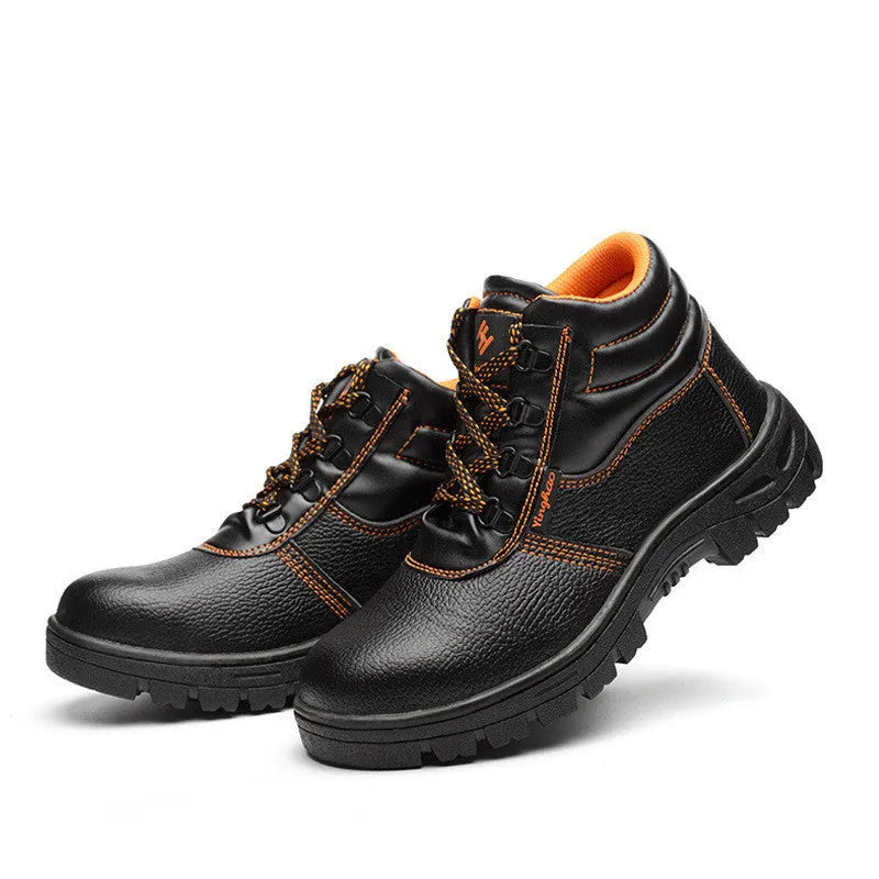 Black steel toe high-top work shoes with microfiber leather upper and rubber sole for heavy-duty safety