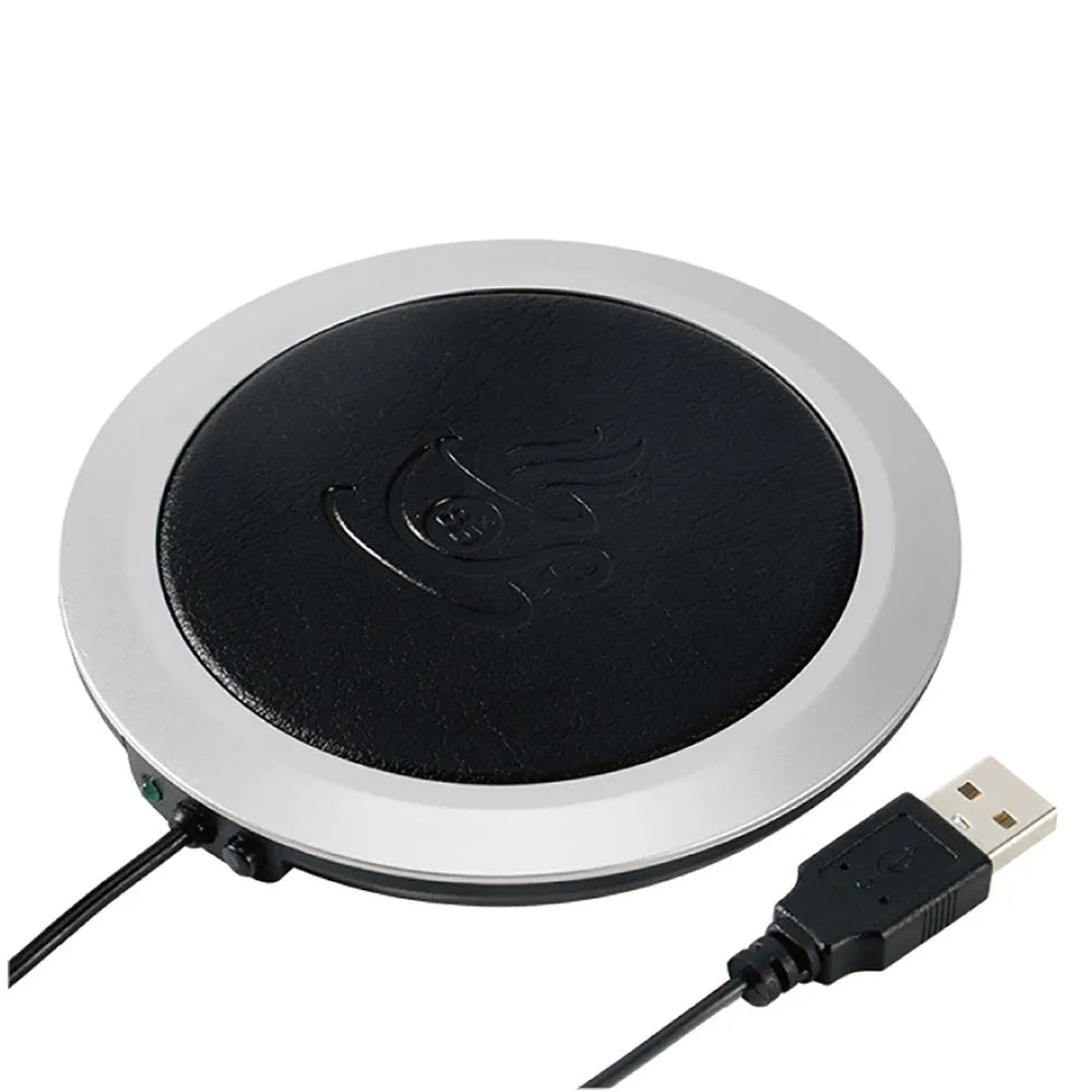 USB-powered heating coaster in black, blue, or orange PU leather for desk drink warming