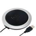 USB-powered heating coaster in black, blue, or orange PU leather for desk drink warming