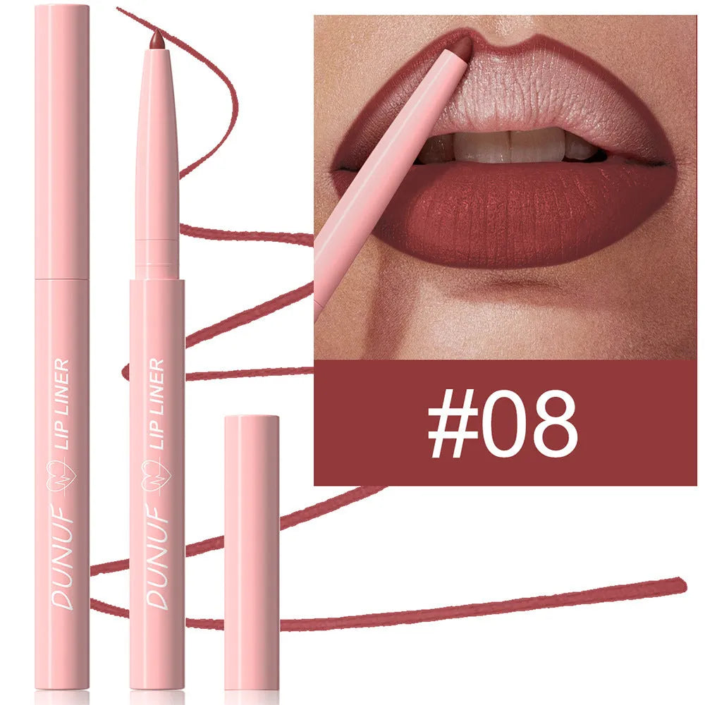 Velvet matte lip liner pencil in a display of 12 different colour shades.