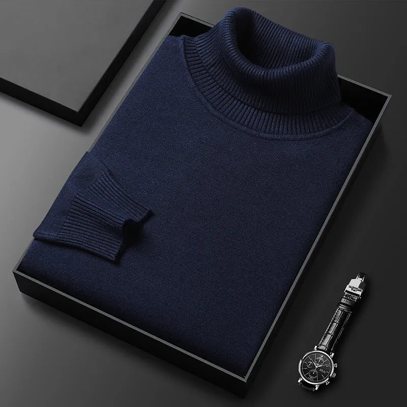 Men's slim-fit solid colour turtleneck pullover sweater in camel, front view, chemical fibre blend non-iron winter knitwear