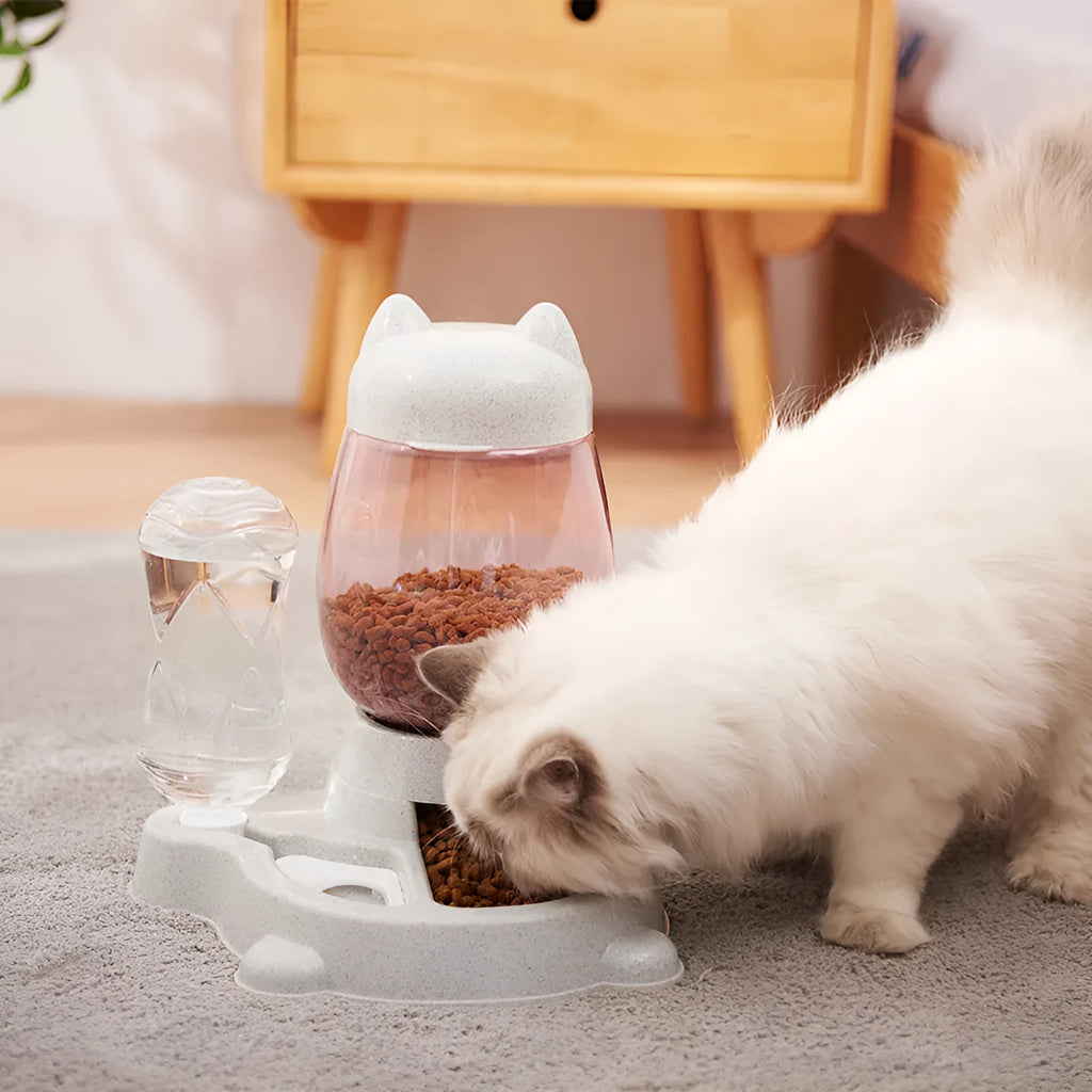 Two-in-one gravity pet feeder and waterer with PET barrel and PP base, 30.5cm total height