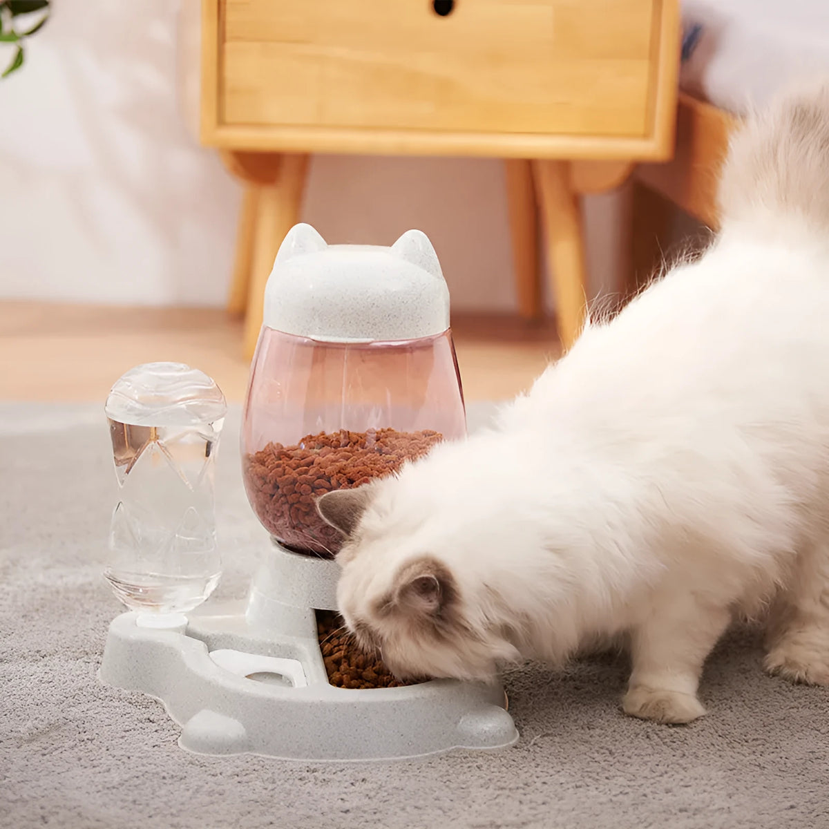 Two-in-one gravity pet feeder and waterer with PET barrel and PP base, 30.5cm total height