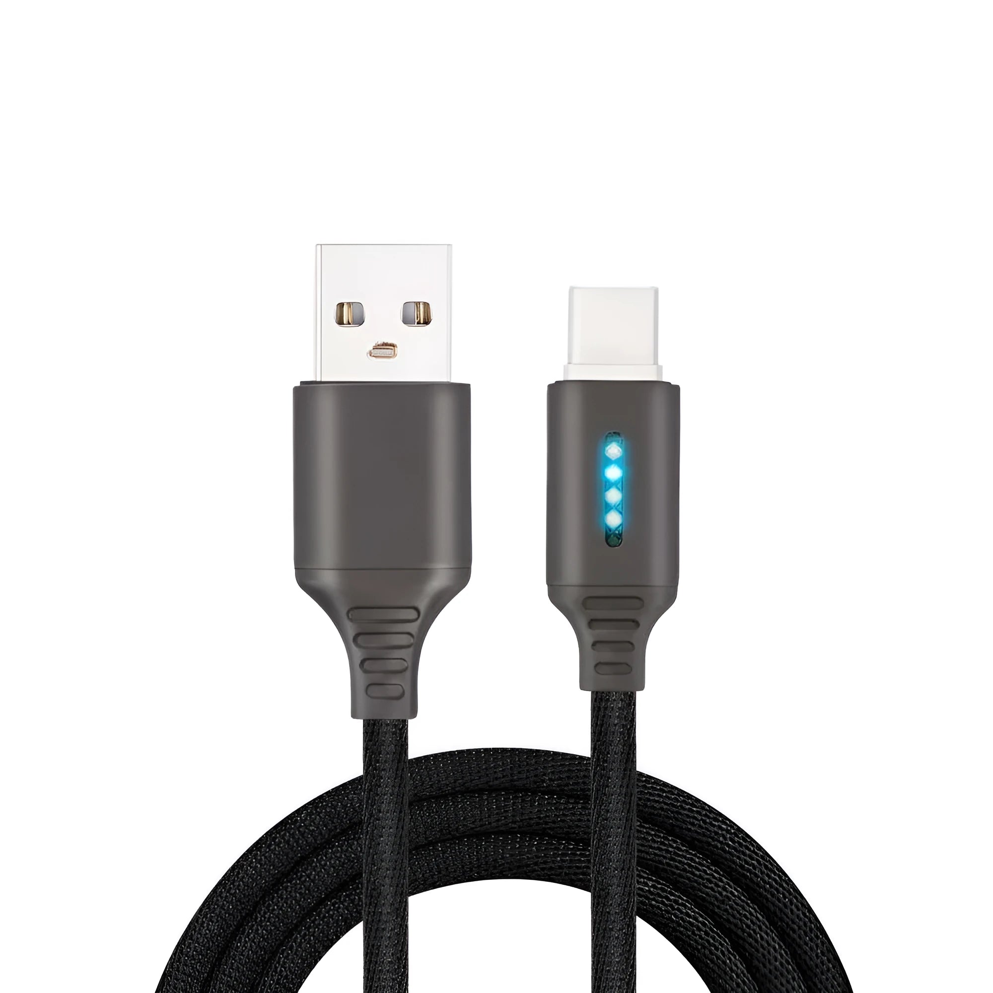 Fabric braided USB charging cable, 1 metre long, with connectors for phone and USB port.