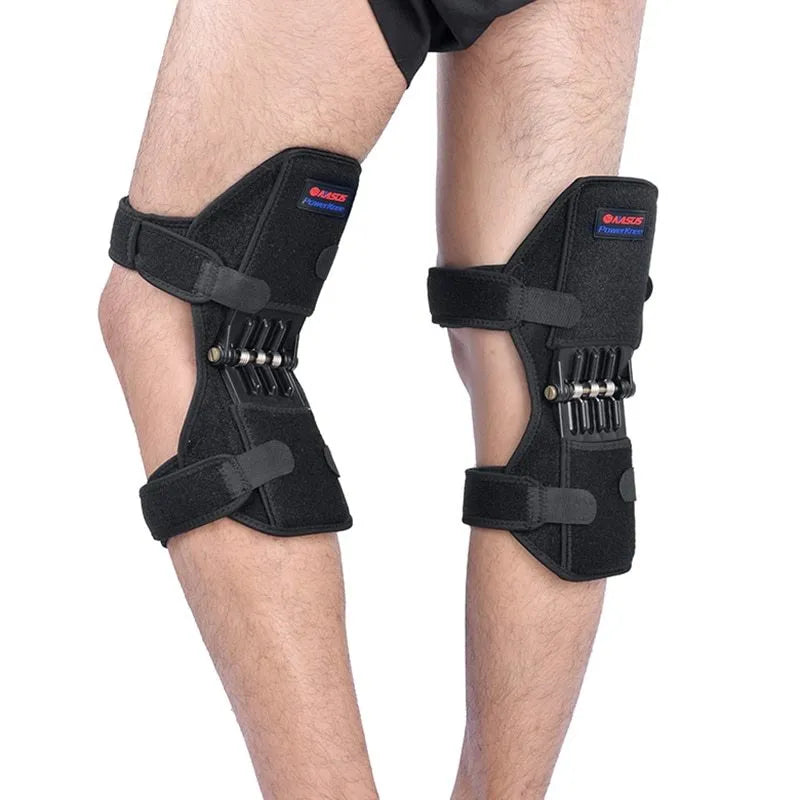 Black adjustable knee brace with patella support and visible booster spring mechanism for sports.