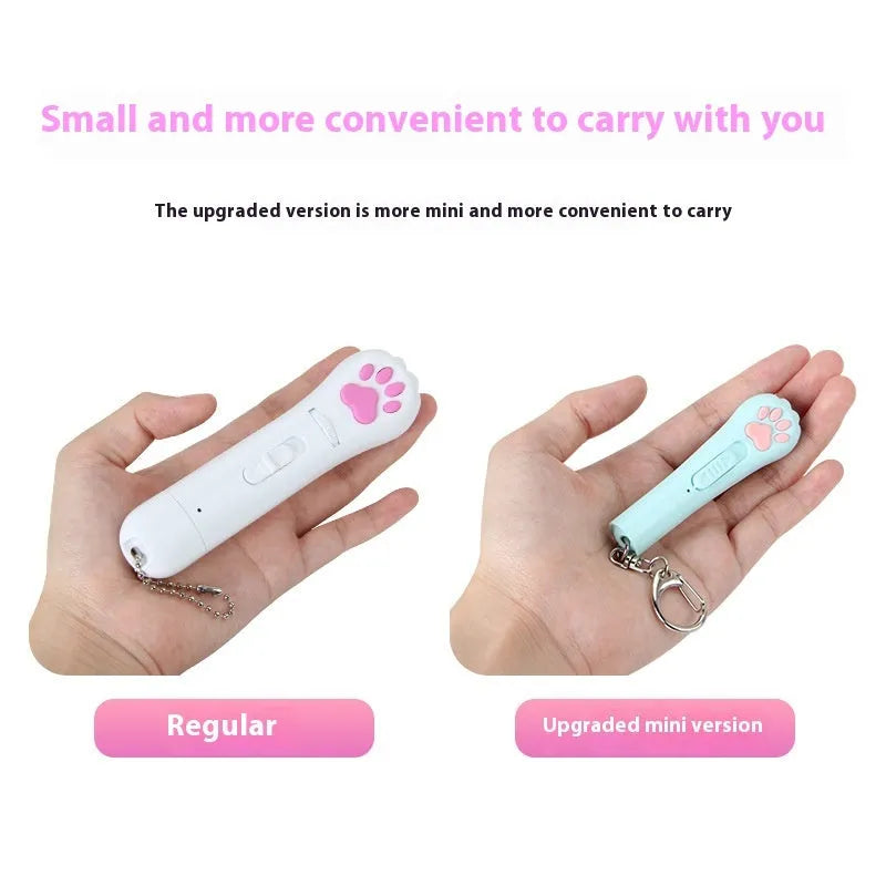 USB-rechargeable infrared laser cat toy wand in pink, projecting a cat footprints laser pattern on a floor.