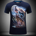 Cool wolf 3D design T-shirt in black or dark blue, cotton short sleeve round neck straight fit, sizes S to 6XL.