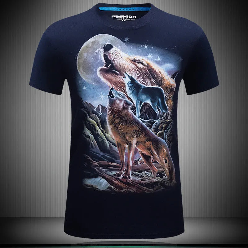 Cool wolf 3D design T-shirt in black or dark blue, cotton short sleeve round neck straight fit, sizes S to 6XL.