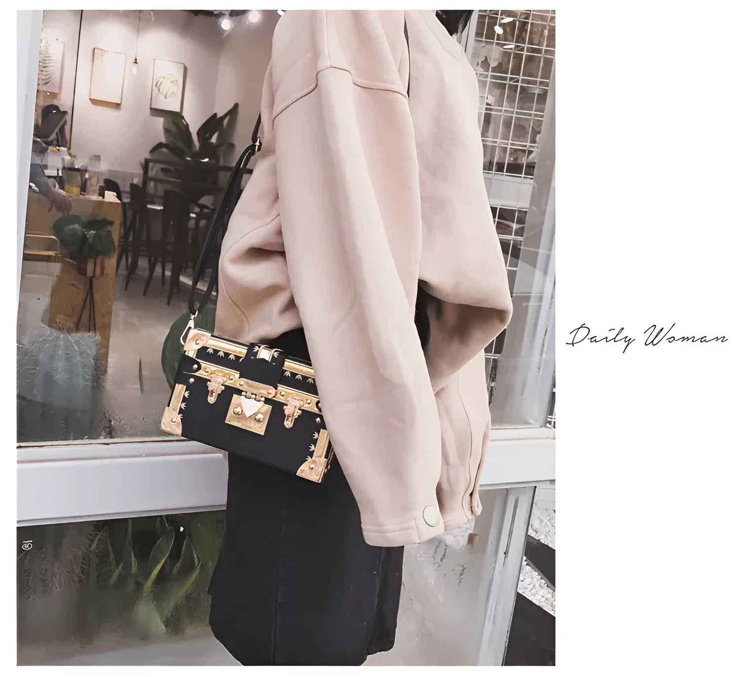 Women's hard-shell PU shoulder and crossbody handbag with hasp closure in black or green.