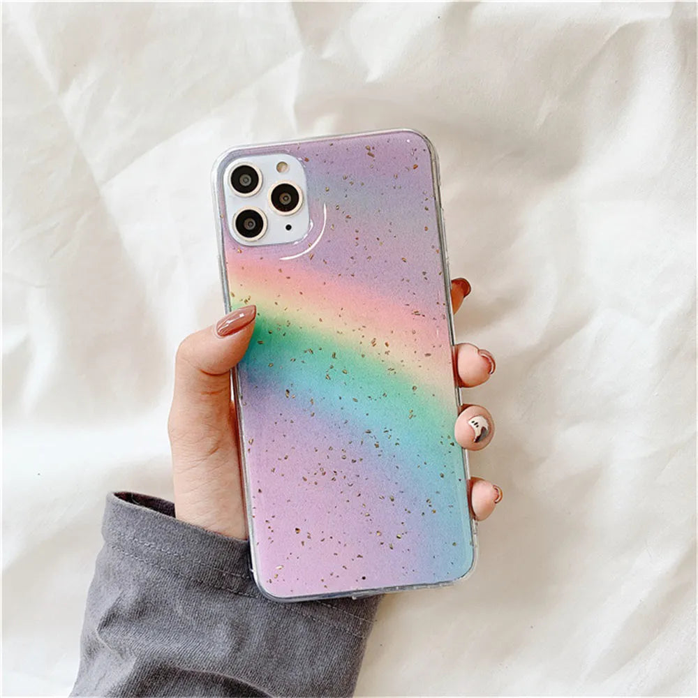 Rainbow gradient coloured TPU protective case for iPhone on a white background.