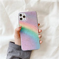 Rainbow gradient coloured TPU protective case for iPhone on a white background.