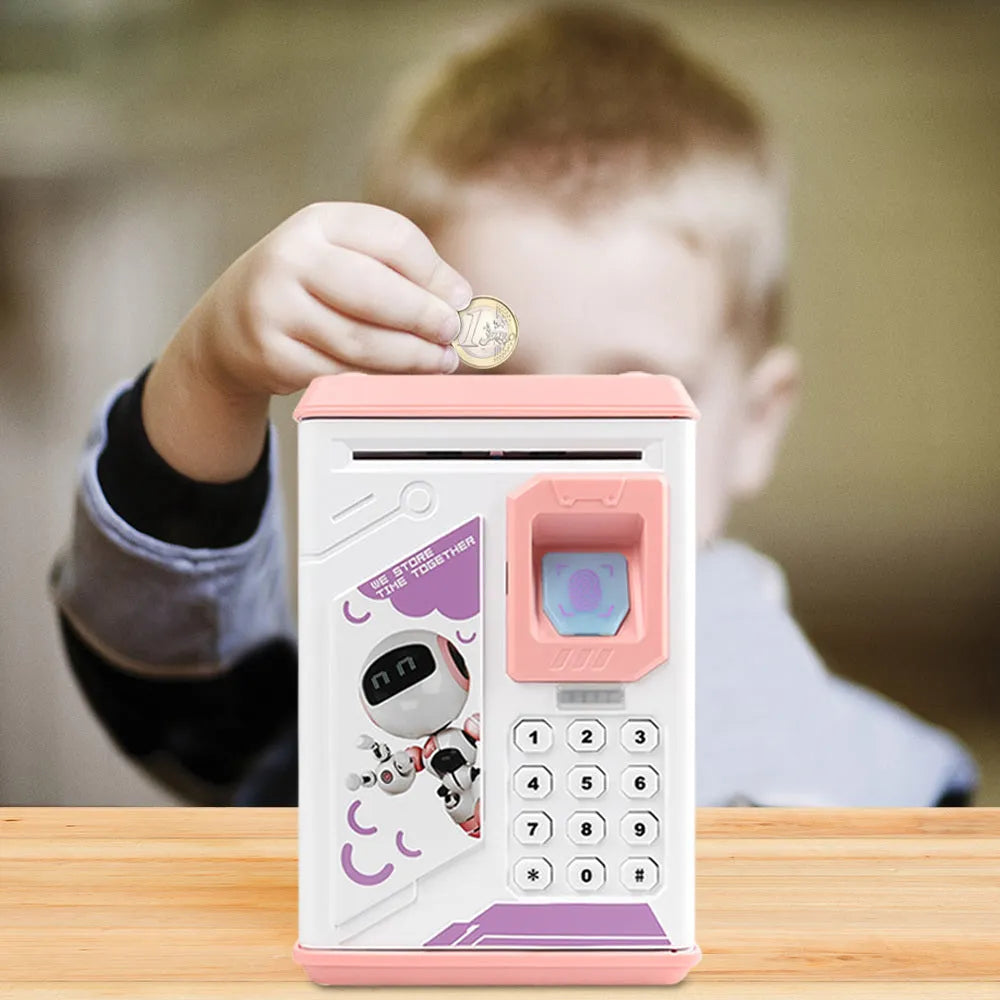 Blue plastic electronic piggy bank with fingerprint scanner and ATM keypad, 13cm height