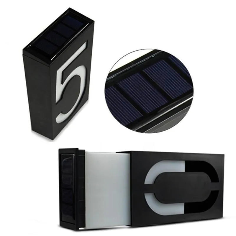 Solar powered outdoor house number light with white LEDs and waterproof ABS housing