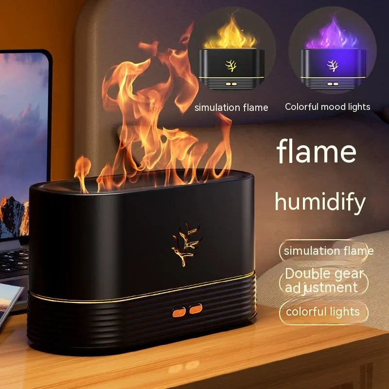 Square black or white USB flame humidifier with LED fire simulation effects and aromatherapy function