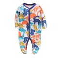 Soft cotton baby one-piece bodysuit in blue and green dinosaur print, size 6M, front view on white background