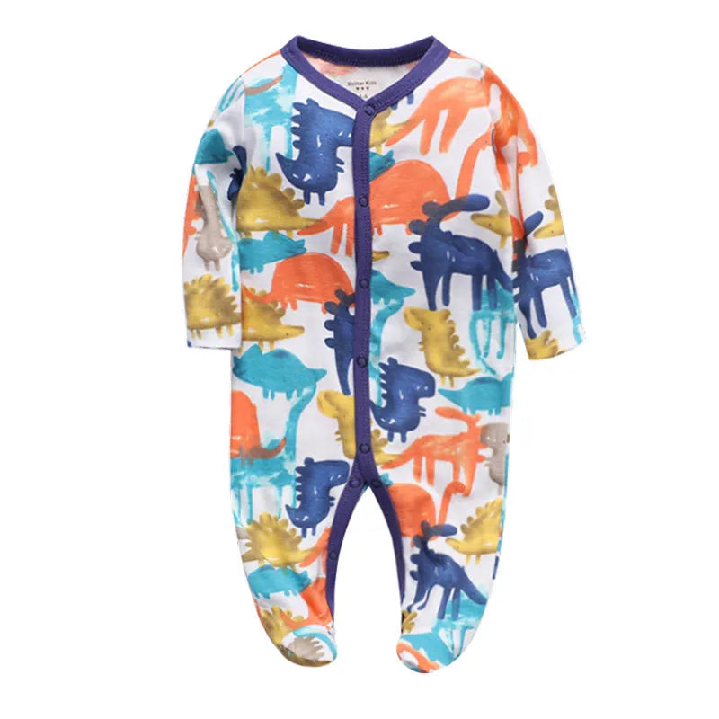 Soft cotton baby one-piece bodysuit in blue and green dinosaur print, size 6M, front view on white background